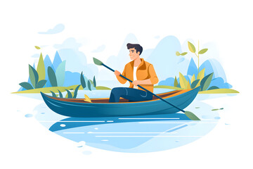 a man sitting in a canoe holding a paddle