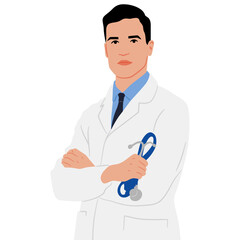 Fototapeta premium A doctor in a white coat is holding a stethoscope in hand. Hand-drawn vector illustration set isolated on white