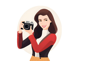 woman taking photo with digital camera on white background