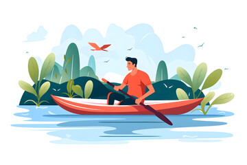 a man in a red boat rowing down a lake