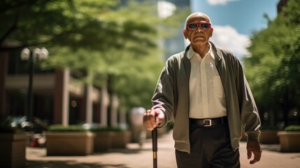 a blind handicapped old black afro-american man with black sunglasses and a white cane stick outside on a street in a park. blurry city background, 16:9, Generative AI