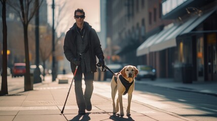 a blind handicapped guy person with black sunglasses and a white cane stick and a guide dog walking...