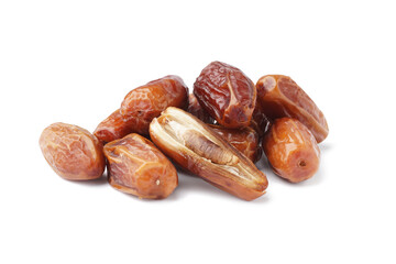 Heap of dried dates on white background