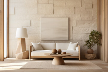 Obraz na płótnie Canvas Trendy minimalistic japandi modern interior living room in beige tones. 
