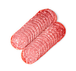 Slices of tasty salami isolated on white background