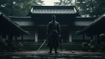 a epic samurai with a weapon sword standing in front of a old japanese temple shrine. rainy day with grey sky and tones. asian culture. pc desktop wallpaper background 16:9 , Generative AI - Powered by Adobe