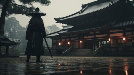 a epic samurai with a weapon sword standing in front of a old japanese temple shrine. rainy day with grey sky and tones. asian culture. pc desktop wallpaper background 16:9 , Generative AI