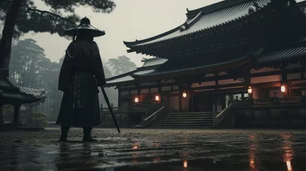 Papier Peint photo Lieu de culte a epic samurai with a weapon sword standing in front of a old japanese temple shrine. rainy day with grey sky and tones. asian culture. pc desktop wallpaper background 16:9 , Generative AI