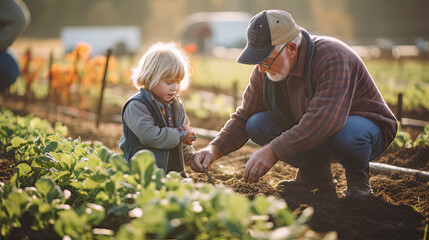 A Grandfather and a Child in a Garden A Photo of Intergenerational Farming and Learning AI Generated - obrazy, fototapety, plakaty