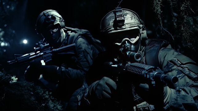 Covert Operation A Photo of Two Special Forces Operatives Executing a Nighttime Mission in a Forest AI Generated