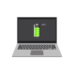 Laptop computer with 80% battery icon on screen, flat vector illustration EPS 10.