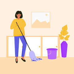 Woman mop the floor illustration. Women do household chores illustration vector art.