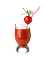 Glass of tasty tomato juice isolated on white background