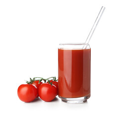 Glass of tasty tomato juice isolated on white background