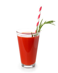 Glass of tasty tomato juice isolated on white background