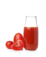 Bottle of tasty tomato juice isolated on white background