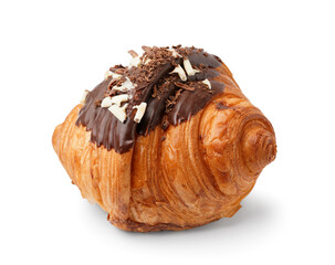 Tasty sweet croissant with chocolate and nuts isolated on white background