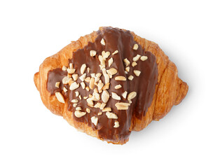Tasty sweet croissant with chocolate and nuts isolated on white background