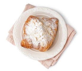 Plate of tasty sweet croissant isolated on white background