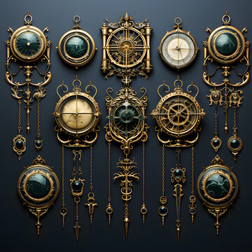 many clocks and other ornaments hang on a wall
