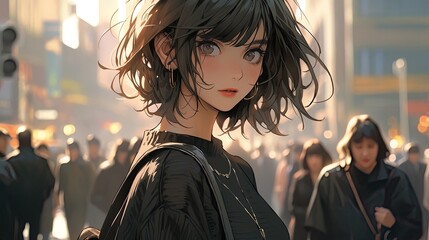 beautiful cute anime young woman, black bob cut hair, black cropped t-shirt, anime illustration clean art style AI, illustration, digital, virtual, generative