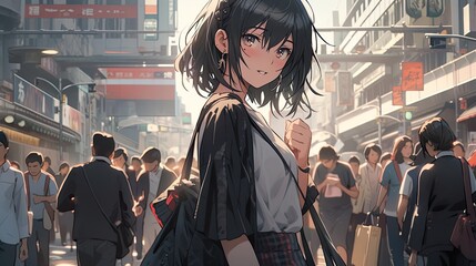 beautiful cute anime young woman, black bob cut hair, black cropped t-shirt, anime illustration clean art style AI, illustration, digital, virtual, generative