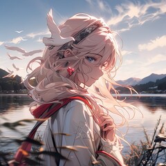 A girl with a white top and pink hair stands in front of a lake anime  ,AI illustration, digital, virtual, generative.