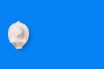 Ceramic piglets on blue copy-space background. © Carterson