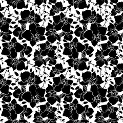 seamless pattern of large black silhouettes of orchids on a white background, texture, design