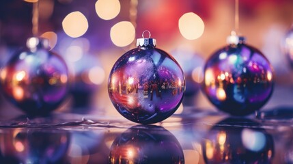 colorful christmas balls tree decoration with bokeh circles from reflecting light on a glass ground. holiday wallpaper background for wrapping gifts. new year celebration. Generative AI - Powered by Adobe