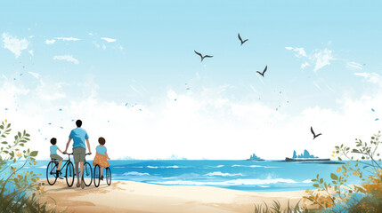 Happy family with bicycle on sandy beach near sea, space for text.