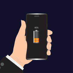 Hand holding smartphone with 40% low battery on the screen. Flat vector illustration EPS 10.