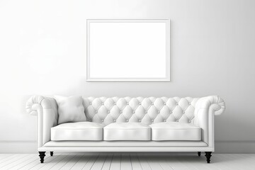 Photo Frame Mockup on the grey wall with grey modern sofa and decorative plant