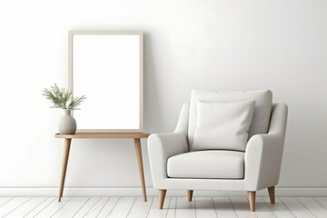 photo Frame Mockup with interior design, sofa, table and  decorative plant 