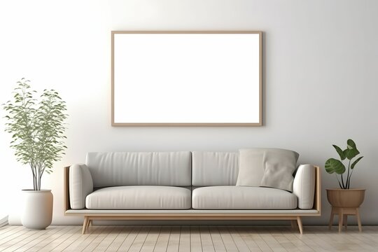 Photo Frame Mockup on the grey wall with grey modern sofa and decorative plant