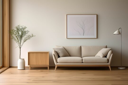 Photo Frame Mockup with interior design like sofa, table and decorative plant 
