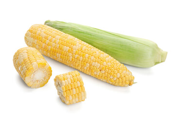 Fresh corn cobs on white background