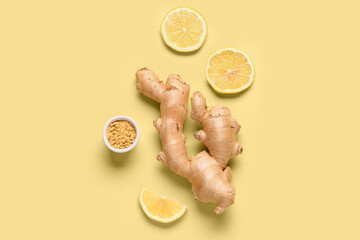 Fresh ginger root with lemon and bowl of dried powder on yellow background