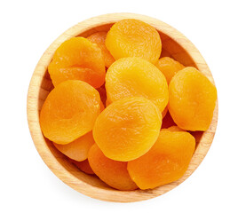 Wooden bowl with tasty dried apricots on white background