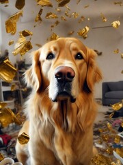 Portrait Pet Photography: A Golden Retriever's Regal Pose Amidst AI-Generated Home Mayhem - Chaos and Calm, Canine Majesty, Domestic Disorder, AI Artistry, Furry Friend in a Chaotic Setting