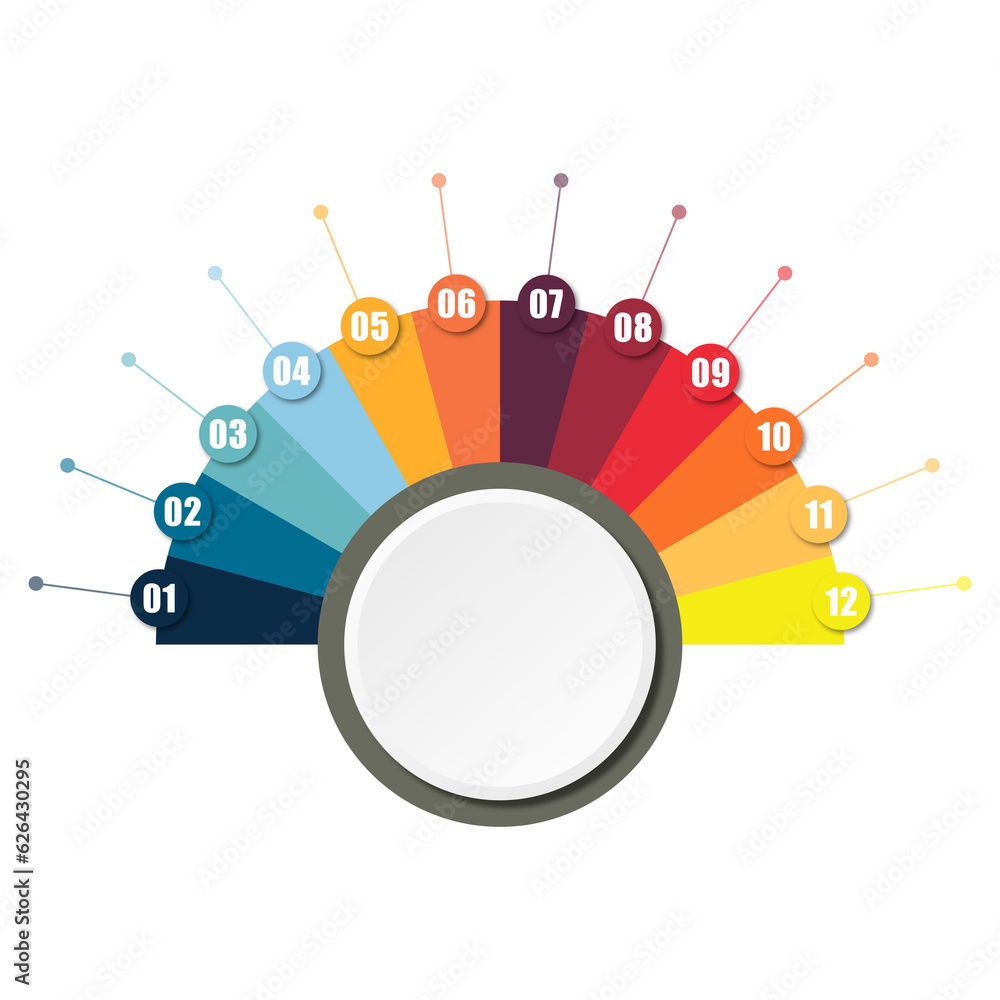 Aufkleber infographic that reports about the workflow in each step with a total of 12 topics.