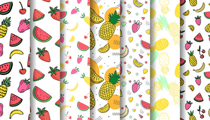 Summer pattern collection with fruits illustration watermelon cherry pineapple banana strawberry