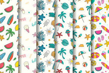 Summer patterns collection with colorful summer elements illustrations
