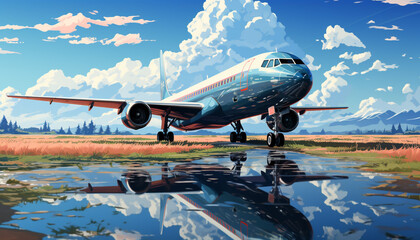 shiny pixel art an airplane landing ultra detailed hyper realistic modern wallpaper.Generative Ai content