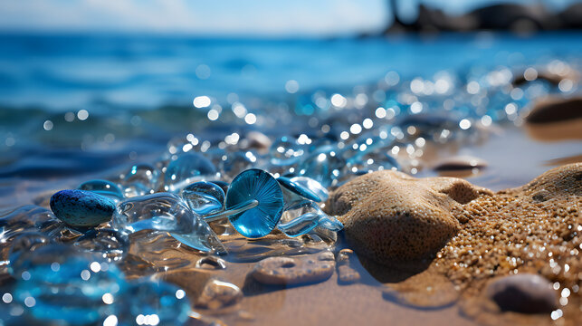 Water drops, summer beach scene blurs blue sea with sandy shore - Generative AI.