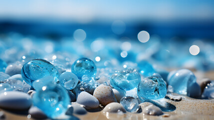 Water drops on blue background, summer beach scene blurs blue sea with sandy shore - Generative AI.