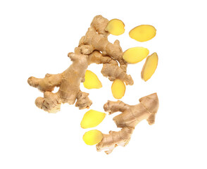Fototapeta premium Fresh ginger root with sliced pieces isolated on white background, top view of raw organic spice ingredient for healthy cooking and herbal wellness