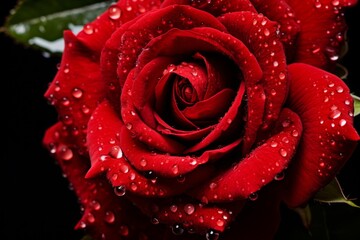 A close-up of a red rose with dew drops. 