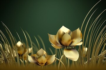 Gold flower paper and grass. 3d illustration,