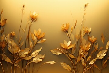 Gold flower paper and grass. 3d illustration,